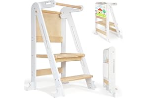 SOFTHOM Lernturm ab 1 Jahr klappbar, Montessori Learning Tower mit Zeichenbrett, Space-Saving and Height-Adjustable，Kippschutz, Multifunktionaler Lernturm aus Holz für Kinder