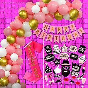 Happy Birthday Decorations For Girls Items - 73Pcs Combo Kit For Happy Birthday Decoration - Banner, Sash, Photo booth, Balloons, Pink Foil Curtains Birthday Decoration -Party Decoration Items Gifts