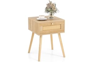 COSTWAY Stolik nocny z rattanu, stolik pomocniczy z szufladą, konsola nocna, komoda nocna, stolik do sypialni, salonu, dąb, 40 x 40 x 55 cm