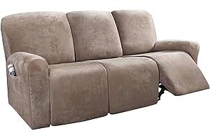 LINGKY 8-Pieces Recliner Sofa Covers Velvet Stretch Armchair Covers With Side Pocket Thick Soft Washable Sofa Covers 3 Seater Replacement Furniture Protector (Sofa, Taupe)