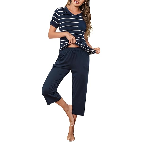 Ietaoo Ensemble Pyjama Femme Été Coton - 2 Pièces Col V Manches Courtes + Pantalon 3/4 Jogging - Survêtement Doux Et Confortable