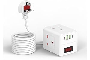 Tower Extension Lead with USB C Slots, DYNACAM 7 IN 1 Way Plug Extension Socket with Switch, Surge Protected Power Strip with 2M Cable for Home, School Supplies