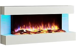 BALDERIA Chimenea Eléctrica de Pared Helia | Efecto de Llama 3D | Calefacción 2000W | Iluminación Ambiental LED | Mando a Distancia, Temporizador, Control de Inicio programable y termostato | Blanco