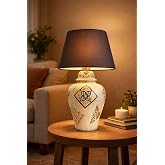 Desenli Seramik Abajur Lacivert Modern Masa Lambası, E27 Duy, Tek Ampul, 50 cm &ndash; Mer Handmade