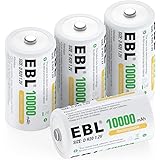 EBL 4 Pack 10000mAh D Size Rechargeable Batteries High Capacity Ni-MH D Batteries