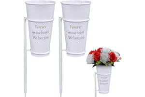 SIFOEL Metal Cemetery Vase, Memorial Headstone Vase with Ground Spikes for Fresh/Artificial Flowers, Flowers Holder for Cemetery Gravesite (White-2PCS), Flowers is not included