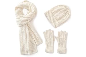 Villand 3 in 1 Damen Wolle Mütze, Schal & Handschuh Winter Sets, 3-teilige Zopfstrickmütze für Damen mit Geschenkbox