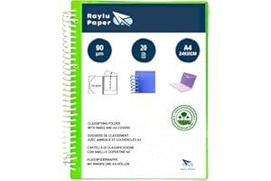 Raylu Paper® – Carpeta clasificadora con anillas con fundas transparentes A4 de 90 micras y sobre con cierre de velcro, tapa personalizable. Carpeta de fundas 100 % biodegradable. (20 Fundas, Verde)