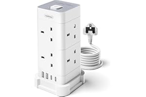 VonHaus Tower Extension Lead (3250W 13A), Surge Protection Extension Socket with 8 AC Outlets, 2 USB Ports & 2 USB-C Ports for Faster Charging, 2M Plug Lead w/Switch for Office, Home, Kitchen
