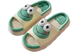 PUIMENTIUA Cute Frog Slippers Soft Cotton Slippers for Women Cartoon Thick Sole Frog Print Sliders Winter Animal Slippers Home Linen Slides-LINE FROG/COW