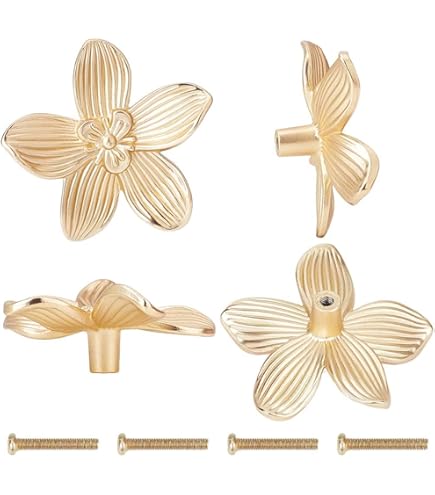 CREATCABIN 4 sets gouden bloem lade knoppen metalen kast knoppen dressoir handgrepen vintage kledingkast deur kast lade meubilair accessoire trekt handgrepen voor keuken slaapkamer woonkamer 3,6 x 4,1
