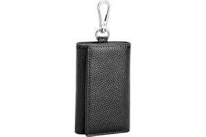 HUWEI Unisex Compact Leather Key Case Wallet Keychain Key Holder Ring with 6 Hanging Buckle Hooks Snap Closure, Black