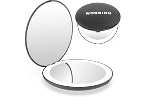 Wobsion Mini Led Specchietto da Borsetta,LED Specchio Piccolo Specchio 10x con Luce,3.5 Pollici,Specchietto da Borsa,Specchio Portatile,Regalo Per Ragazza,Compatto Pieghevole,Specchio da Viaggio,Black