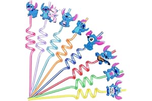 Stitch Pajitas Rizadas para Niños, Hilloly 16 PCS Pajitas de Plastico Reutilizables Vistoso de Pajitas, Pajitas de Plastico Fiesta Pajitas Suministros de Fiesta de Cumpleaños para Fiesta