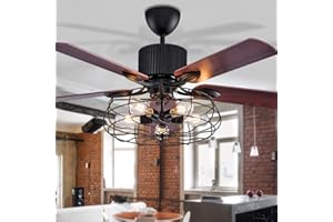 JINWELL Wentylator sufitowy LED z oświetleniem, lampa wisząca, do salonu, sypialni, lampa sufitowa, pilot zdalnego sterowania, wentylator loft, żyrandol, retro, jadalnia, wentylator elektryczny, cichy, pilot, czarna