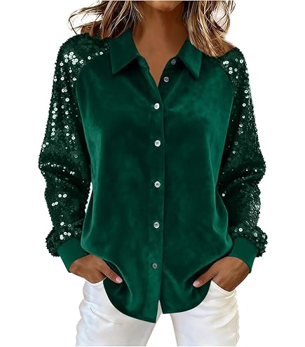 Produktbild von Festliche Blusen Damen, Weiß Elegant Silvester Outfit Pailletten Oberteil Modern Casual Mit Glitzer Glitzer Shirt Glitzer Oberteile Herbst Winter Große Größen Langarm Tunika Festliche Blusen Rock