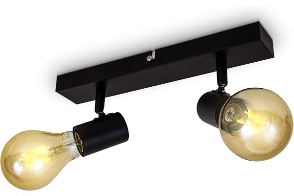 B.K.Licht Plafonnier/applique murale, spot bar design rétro, 2 spots orientables & pivotants, luminaire plafond vintage noir, douilles E27, 60 Watt max, ampoules non fournies