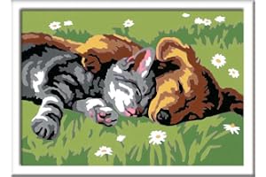 Ravensburger CreArt 28015 - Djup sömn - målning av siffror hund och katt för barn från 7 år och uppåt, målningsset med ram, p