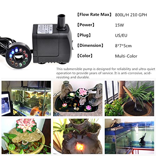 15W 800L/H 210GPH Unterwasser Wasserspielpumpe, GOCHANGE Wasser Pumpen Garten Tauchpumpen mit Bunten LED Licht, Wasserpumpe für Garten Aquarium Teich Brunnen - 6