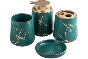 OUTER TREASURE 3/4 Piece Ceramic Bath Accessory Set,Housewares Marble Bathroom Accessories with Soap Dispenser, Tumblers,Soap Dish,Toothbrush Holder (Dark green（four piece）)
