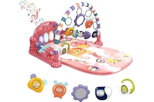 derimkcoa Baby Play Mat Baby Gym,Funny Play Piano Tummy Time Baby Activity Mat with 5 Infant Sensory Baby Toys, Music and Lights Boy & Girl Gifts for Newborn Baby 0 to 3 6 9 12 Months (Pink Tiger)