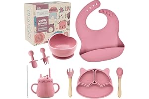 MAIXCHEL Vajilla bebe silicona | Plato bebe ventosa + 4 cubiertos bebe + bol ventosa + babero bebe + vaso aprendizaje bebe | Set completo de vajilla infantil ideal para BLW | Regalo bebe, Libre de BPA