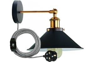 LEDSone Retro Industrial Wall Light Plug in Wall Lamp Metal Cone Shape Shade Indoor Light Fitting with Dimmer Switch for Bedroom, Hallway, Restaurants