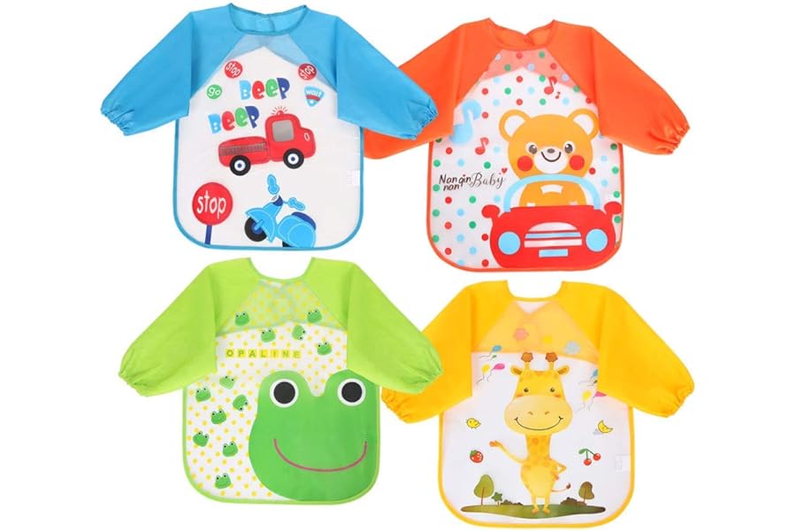 Vicloon Baby Bibs with Long Sleeves, Pack of 4 Waterproof Baby Bibs, Sleeve Bibs, Washable, Unisex for Painting, Play, Food, Art, Craft, Painting, 4 Patterns, Suitable for 6-36 Months Children