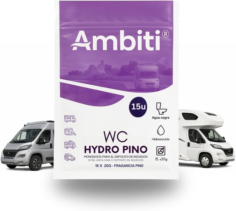 Ambiti | WC Hydro | Monodosis Hidrosolubles para Depósito de Residuos de Autocaravanas,Caravanas y Campers| Antibacteriano| Elimina Deshechos Orgánicos y Papel Higiénico| Fragancia Pino| 15ud