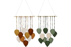 BONJUME Decoración De Pared, 2PCS Tapiz Hecho A Mano Decoración Bohemia Colgante De Pared Tejido Decoración De Pared De Plumas De Hojas Con Cuentas De Madera Y 10 Hojas Verdes Tapiz Para Salón Dormitorio