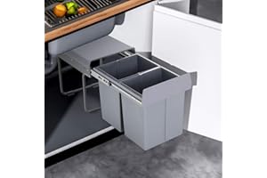 Warmiehomy Pull Out Kitchen Bin 40L Recycling Bins for Kitchen Built-In Double Compartments with Handle 2x20L Removable Bins with Fixing Waste Brackets
