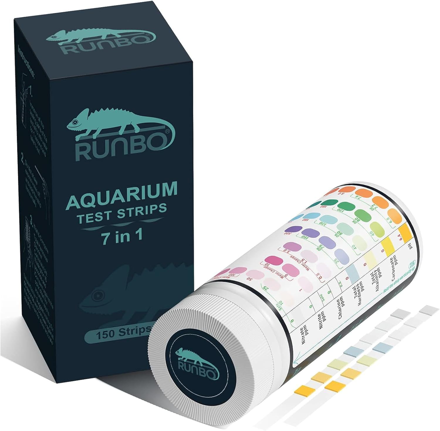 RUNBO Tiras de prueba 7 en 1 para acuario, 150 unidades, kit de prueba de acuario para estanque de peces de agua dulce, prueba precisa de la dureza total alcalinidad total carbonato nitrato nitrito