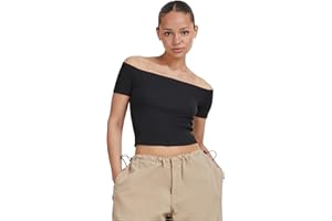 Urban Classics Camiseta Mujer Acanalada de Hombros al Aire Mujer Camiseta Negro Regular