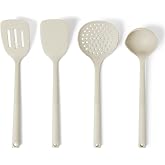 Amazon Basics Silicone Kitchen Spoons and Ladles Set, 4 Piece Set, Soft Grip Handle, BPA Free, Dishwasher Safe, Linen Grey