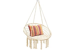 CASART Swing Chair, Cotton Rope Macrame Hammock Chair with Fringes, Indoor Outdoor Bohemian Hanging Chairs Seat for Living Room, Bedroom, Garden, Balcony (Single Seat-80 x 60 x 40cm)