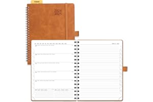 POPRUN Kalender 2025 Buchkalender A5 Notizbuch (Aug.2024-Dez.2025), ca. A5 (22 x 16,5 cm), Terminplaner, Wochenplaner 2025 Ringbuch mit Softcover, FSC®-Zertifiziertem Papier - Braun