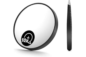 OMIRO 10X Magnifying Mirror, Travel Size Suction Magnifier Mirror for Makeup & Bathroom Shaving (8.8cm Black,with Tweezer)