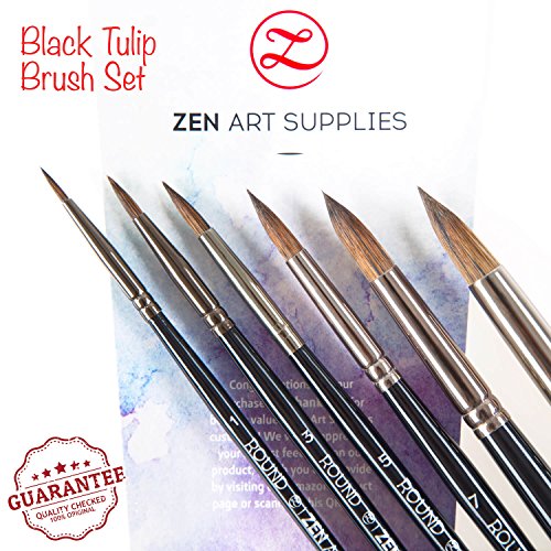 Künstler Pinsel Set für Gouache, Wasserfarben und Flüssige Acrylfarben - 6 Stück - Mischung aus Runden, Spitzen Langlebigen Eichhörnchen und Synthetik Haaren mit Kurzem Stiel - Black Tulip von ZenArt