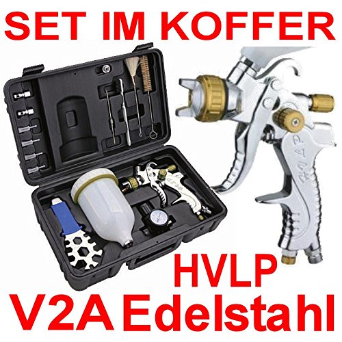 Preisvergleich Produktbild PROFI HVLP Lackierpistole Spritzpistole KOFFERSET (V2A) GOLD