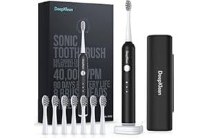 Deepklean 6 Modes Ultrasonic Electric Toothbrush for Adults and Kids, 60 Days Long-Lasting Rechargeable Battery Sonic Toothbrush with 8 Brush Heads and Travel Case, Wireless Charging Black