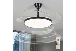 CAUFLOCE Grande Ventilateur Plafond Avec Lumiere Télécommande Silencieux Chambre Rétractable Lampe Ventilateur Plafond LED Dimmable Réversible Moderne Plafonnier Avec Ventilateur Smart 6 Vitesses-Black||95cm
