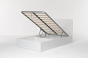 Letto Contenitore Cangù Hi box da una piazza e mezza 120X190, con Testiera Imbottita, Base con Vano contenitore, Rete a doghe e Struttura in Legno Bianco