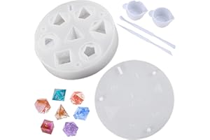 RUNQIN OUTDOOR Moule Résine époxy Dés DND avec 2 Tasses et Outil Mélange, Moules à Dés Polyédriques Silicone 7 Formes, Fabrication Dés 3D Adultes avec Numéro, Pochoirs Dés Jeu Société Table Faits à Main Enfants