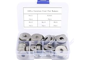 MindWissUp 100Pcs Flat Penny Washers 5 Sizes Stainless Steel Large OD M4, M5, M6, M8, M10 Flat Repair Washer Plain Round Chrome Washers for Screws & Bolts