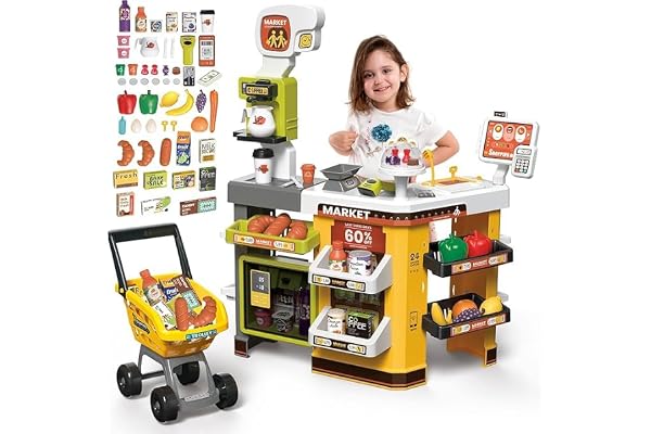 65Pcs Supermarché avec Chariot de Supermarché, Jouets Alimentaires, Caisse Enregistreuse de Magasin avec Scanner et Son, Jouet de Magasin pour Enfants de 3+ Ans, Cadeau d'anniversaire et de Noël