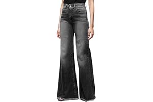 SEMEN Women Wide Leg High Waisted Flared Jeans Retro Bootcut Raw Hem Denim Pants