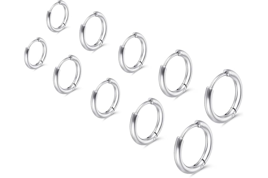 Nogeqi 5 pares de pendientes de plata para hombre, aros hipoalergénicos y ligeros, acero inoxidable