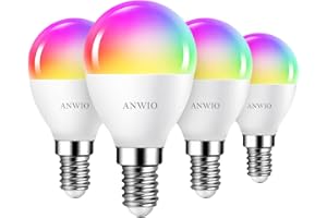 ANWIO E14 Smart Bulb,Alexa Light Bulbs,RGB Colour Changing Bulbs,Smart Life App Control,Bluetooth & WiFi Bulb,470LM, 5W Replace 40 Watt,Works with Alexa, Echo,Google Assistant (4 Pack)