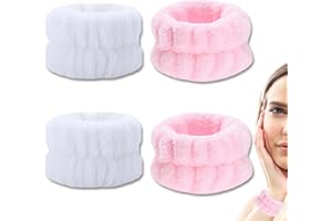 MEETTIKEY 4 Pcs pulseras de lavado para la cara, muñequeras de Spa, Suave y elástico, Reutilizable, Para Spa, Ducha, Yoga, Cuidado facial (Blanco / Rosa)