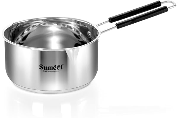 Sumeet Stainless Steel Induction Bottom Gas Stove & Induction Friendly Saucepan with Bacelite Wire Handle, 900ml, 12 cm Dia, Silver
